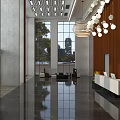 Modern Lobby Reception Desk With Large Windows City View Chandelier Lighting And Wooden Wall Panel