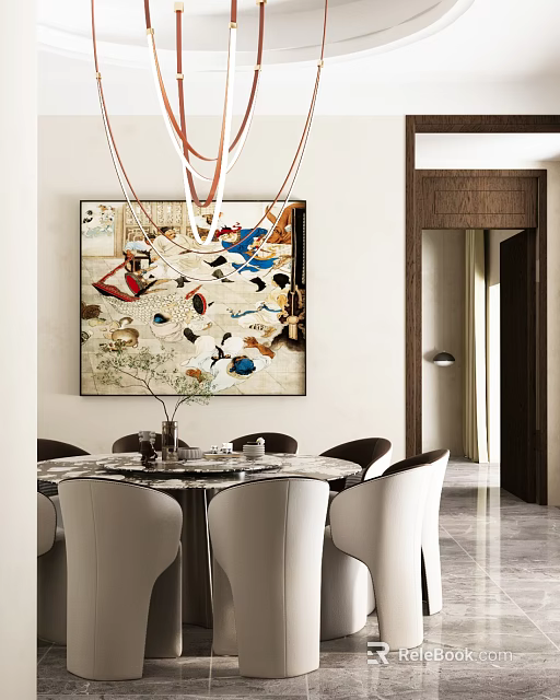 Elegant Modern Box Interior Design With Stylish Dining Table Chairs And Artwork Decor 3d model