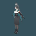 Anime Game Character Design With Fox Ears Mechanical Arm Blue Coat Uniform And Dark Skirt