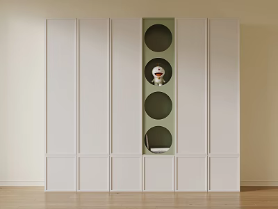 White Wardrobe With Green Section And Circular Openings Holding Doll And Book 3d model