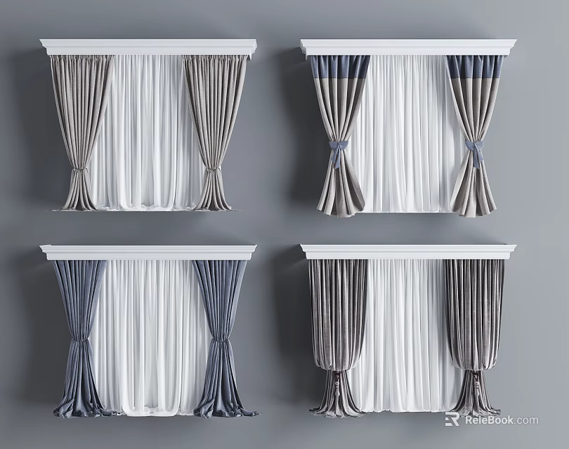 Elegant Double Layer Curtains With Gray Blue White Sheer And Drapes Design 3d model