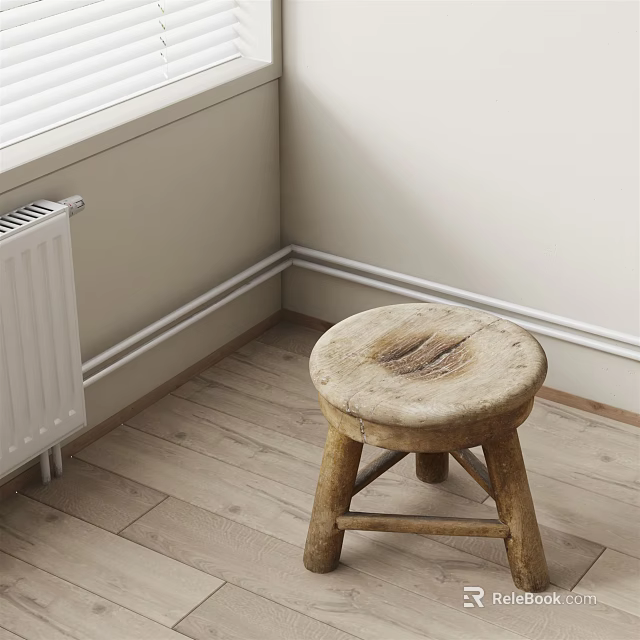 Wooden Stool With Round Worn Seat Crossed Legs Near White Radiator On Wooden Floor 3d model 
