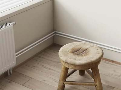 Wooden Stool With Round Worn Seat Crossed Legs Near White Radiator On Wooden Floor 3d model