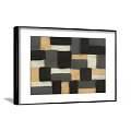 Abstract Painting With Green Square White Brush Strokes And Dark Textured Sections In Black Frame