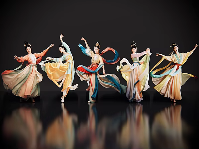 Women dancing in colorful traditional costumes with flowing skirts against black background on reflective floor 3d model