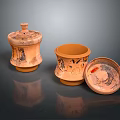 Orange Red Pottery Jar Sculptures With Carved Patterns Lids And Dark Background Reflections