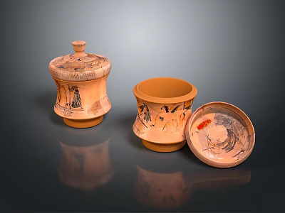Orange Red Pottery Jar Sculptures With Carved Patterns Lids And Dark Background Reflections 3d model