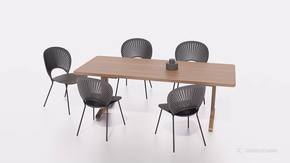 Modern Dining Table Set with Rectangular Wooden Top and Four Black Woven Back Chairs 3d model