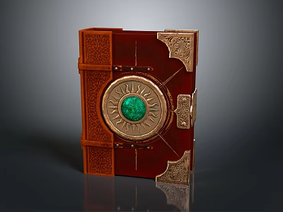 Brown Leather Decorative Storage Box With Golden Accents And Green Gemstone Clasp 3d model