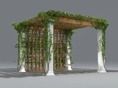 Lush Vines Covered Wooden Pergola With White Columns And Lattice Panels 3d model