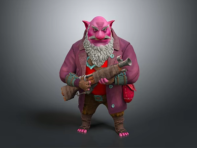 Pink Plump Creature In Purple Coat Red Shirt With Long Beard Rifle And Red Bag 3d model
