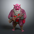 Pink Plump Creature In Purple Coat Red Shirt With Long Beard Rifle And Red Bag