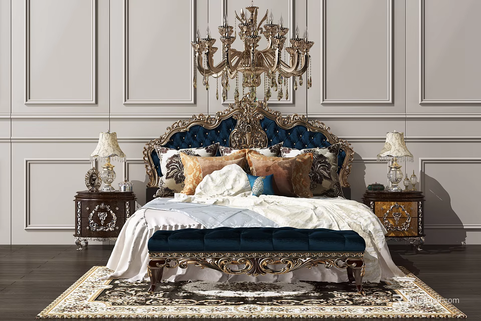 Double Bed in Bedroom Background with Velvet Headboard Gold Carvings Pillows Bed Bench and Chandelier 3d model 