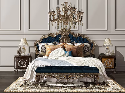 Double Bed in Bedroom Background with Velvet Headboard Gold Carvings Pillows Bed Bench and Chandelier 3d model