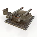 Industrial Scene Component With Rustic Metal Frame Platform And Circular Structure