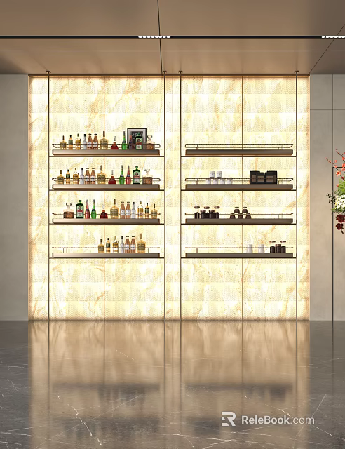 Display Shelves Featuring Wine Bottles Small Items on Light Marble Walls with Smooth Reflective Floor 3d model 