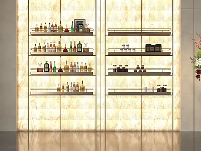 Display Shelves Featuring Wine Bottles Small Items on Light Marble Walls with Smooth Reflective Floor 3d model