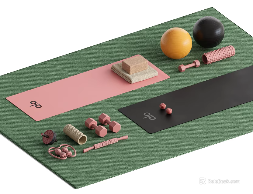 Yoga Studio With Green Pink Black Mats Yoga Balls Dumbbells And Foam Rollers 3d model 