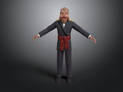 Cartoon Style 3D Character Model In Dark Uniform With Red Sash And Outstretched Arms 3d model