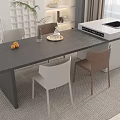 Modern Dining Table Set With Dark Tabletop Beige Brown Chairs Fruit Vase And White Island