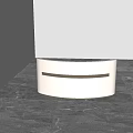 Sleek Modern Reception Desk With White Curved Design Brown Accent Strip On Gray Marble Floor