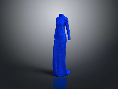 Blue High Neck Long Sleeve Dress With Textured Fabric And Elegant Long Length Design 3d model