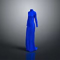 Blue High Neck Long Sleeve Dress With Textured Fabric And Elegant Long Length Design