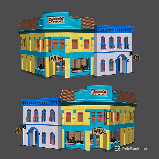 Vibrant Two Story Cartoon Buildings With Cafe Signs Windows And Balconies 3d model 