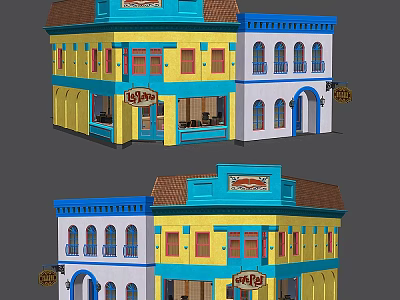 Vibrant Two Story Cartoon Buildings With Cafe Signs Windows And Balconies 3d model