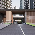 Modern Residential Landscape With Covered Walkway Water Pond Trees Lounge Seats And Wall Lights