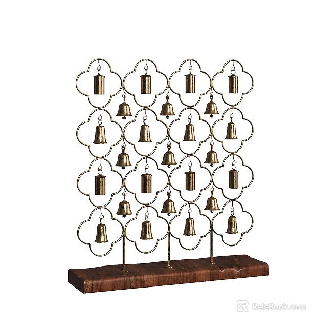 Vintage Decorative Ornament Set with Metal Frame Bells and Wooden Base 3d model 