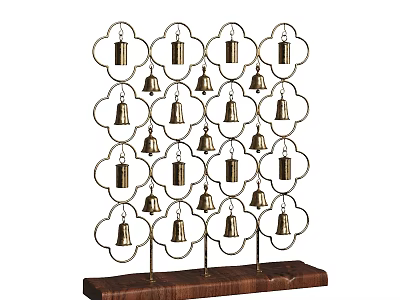Vintage Decorative Ornament Set with Metal Frame Bells and Wooden Base 3d model