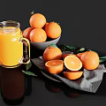 Whole And Sliced Oranges In Bowl With Fresh Orange Juice Green Leaves And Gray Cloth