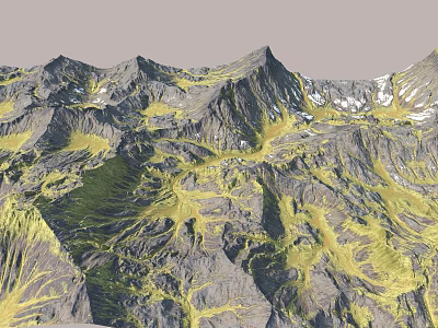Mountain Garden Landscape With Green Vegetation Yellow Grass And Snowy Peaks 3d model