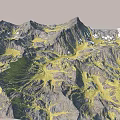 Mountain Garden Landscape With Green Vegetation Yellow Grass And Snowy Peaks