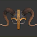 Viking Warrior Helmet Featuring Large Curved Ram Horns And Intricate Golden Patterns