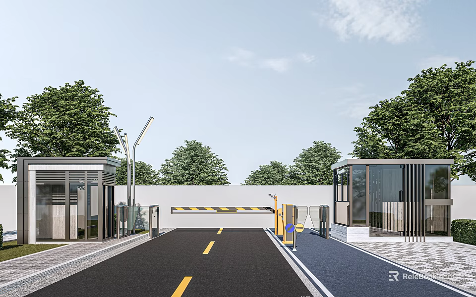 Community Entrance With Driveway Gate Barrier Buildings Trees And Street Lamps 3d model 