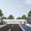 Community Entrance With Driveway Gate Barrier Buildings Trees And Street Lamps