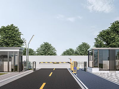 Community Entrance With Driveway Gate Barrier Buildings Trees And Street Lamps 3d model