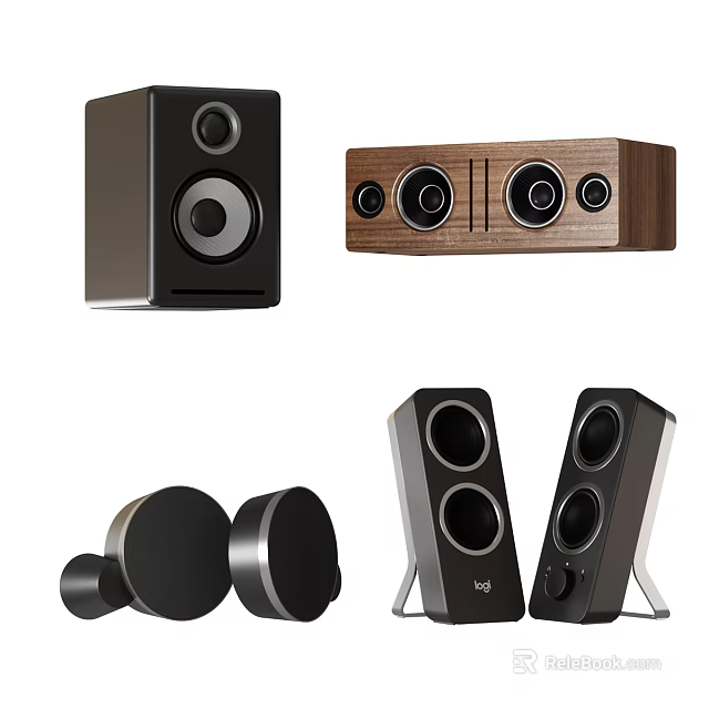 Various Audio Speakers with Wooden Finish and Black Design Including Desktop and Floor Standing 3d model 