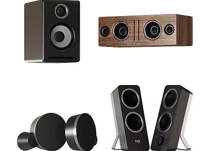 Various Audio Speakers with Wooden Finish and Black Design Including Desktop and Floor Standing 3d model