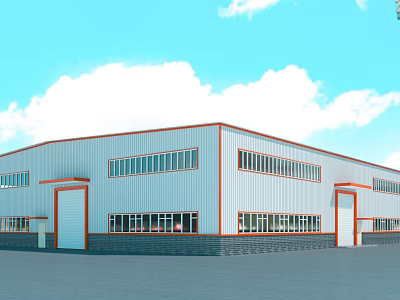 Modern Industrial Factory Building With Steel Structure Large Windows White Walls And Orange Borders 3d model