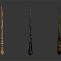 Three Unique Handcrafted Wands With Intricate Handle Designs And Wooden Textures