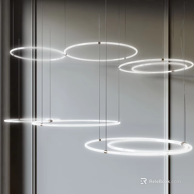Modern Multiple Circular Chandeliers With Hanging LED Rings And Sleek Minimalist Lighting Design 3d model 