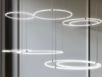Modern Multiple Circular Chandeliers With Hanging LED Rings And Sleek Minimalist Lighting Design 3d model