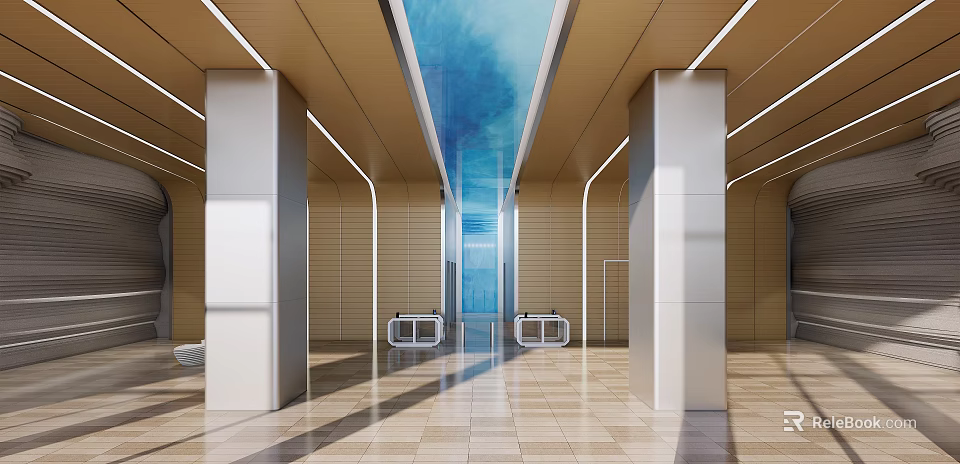 Modern Hotel Lobby Interior With Glass Skylight High Ceiling And Polished Tile Flooring 3d model 