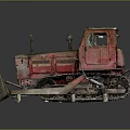 Red Old Crawler Bulldozer With Rusty Blade Metal Cab And Tracked Undercarriage