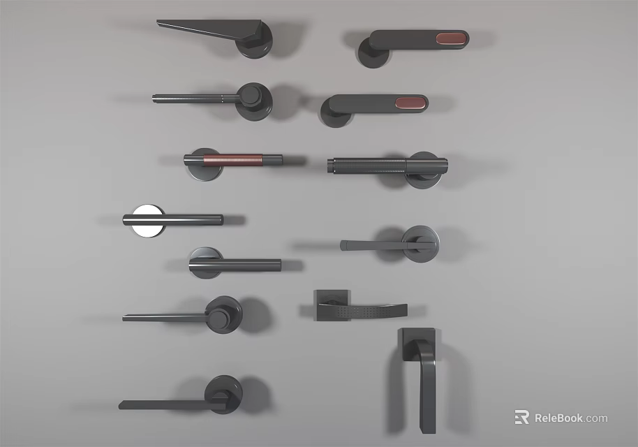 Collection of Stylish Black Door Handles with Various Modern Designs and Shapes 3d model 