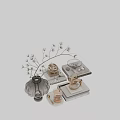 Elegant Decorative Ornament Set With Glass Vase Dried Branches Metal Sculpture And Stacked Books