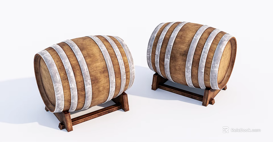 Decorative Wooden Barrels With Metal Hoops On Sturdy Wooden Stands 3d model 